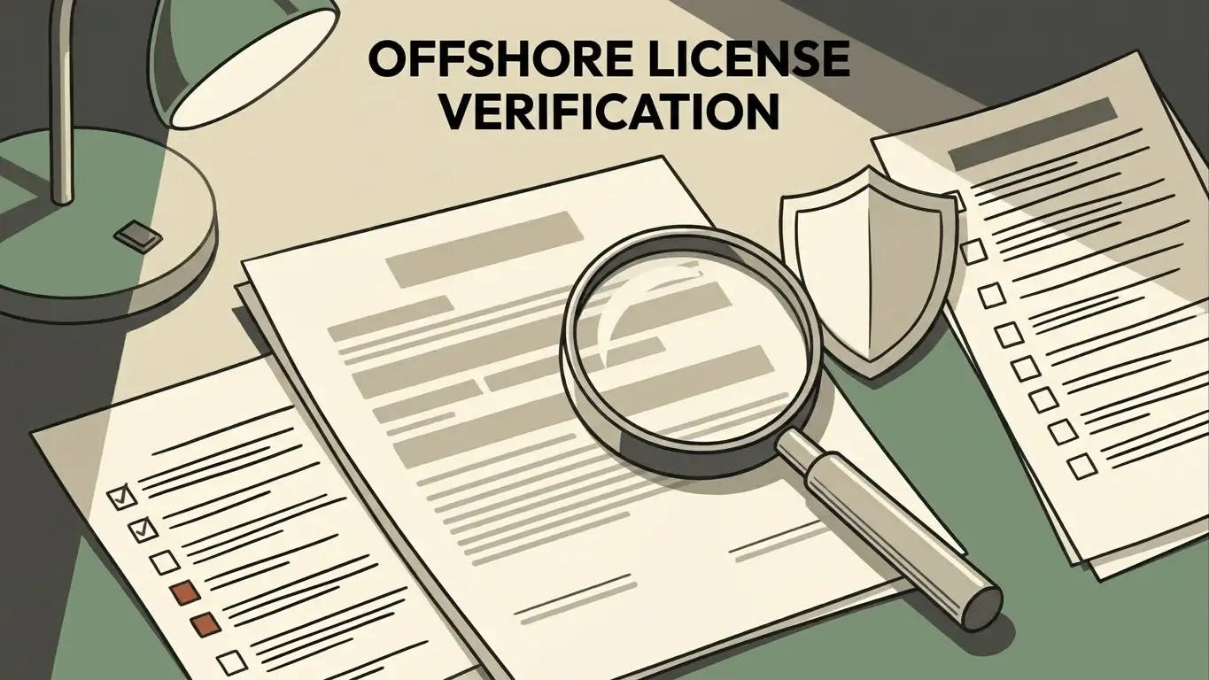 Editorial illustration of licence checking and regulatory review using document and shield motifs