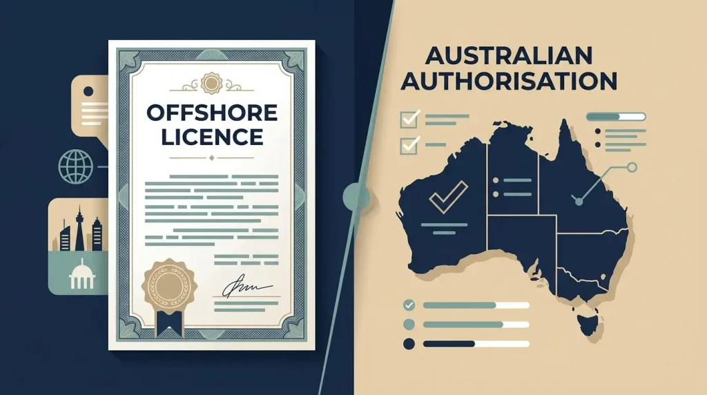 Editorial illustration comparing offshore casino licensing with Australian regulatory checks