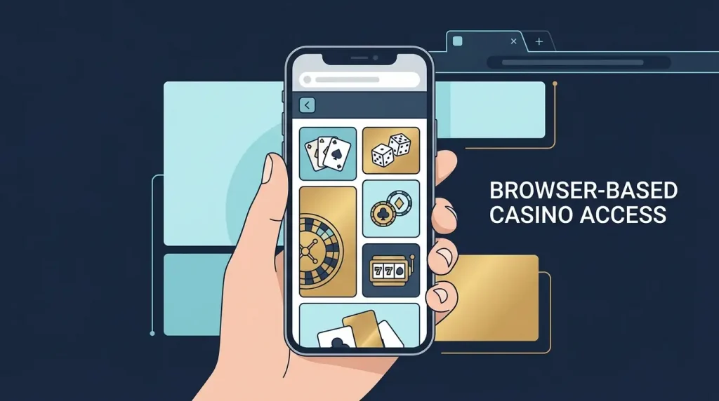 Editorial illustration of a mobile phone displaying a generic browser-based casino interface