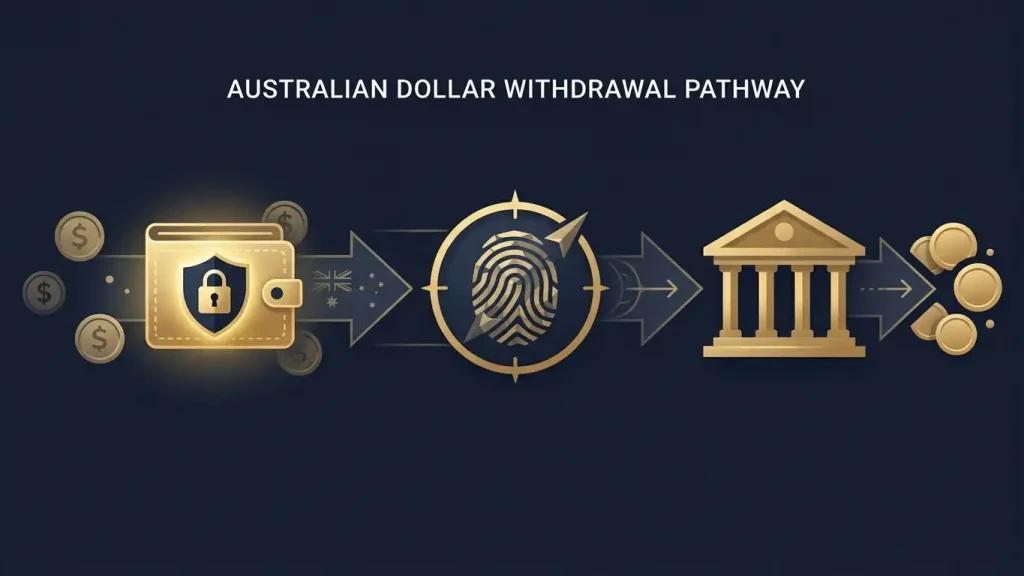 Editorial illustration of an AUD casino withdrawal moving through verification and payment stages