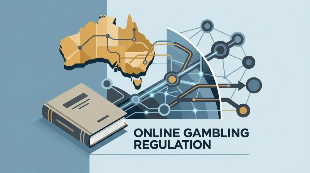 Editorial illustration of Australian online gambling law and offshore casino access