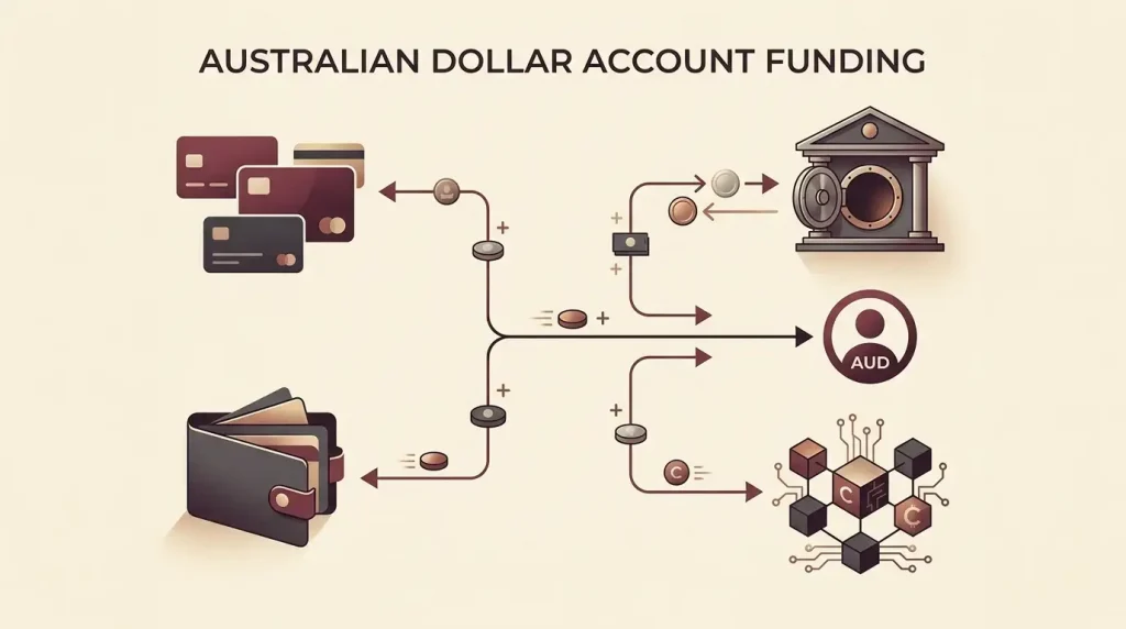 Editorial illustration representing AUD casino payments and multiple funding categories